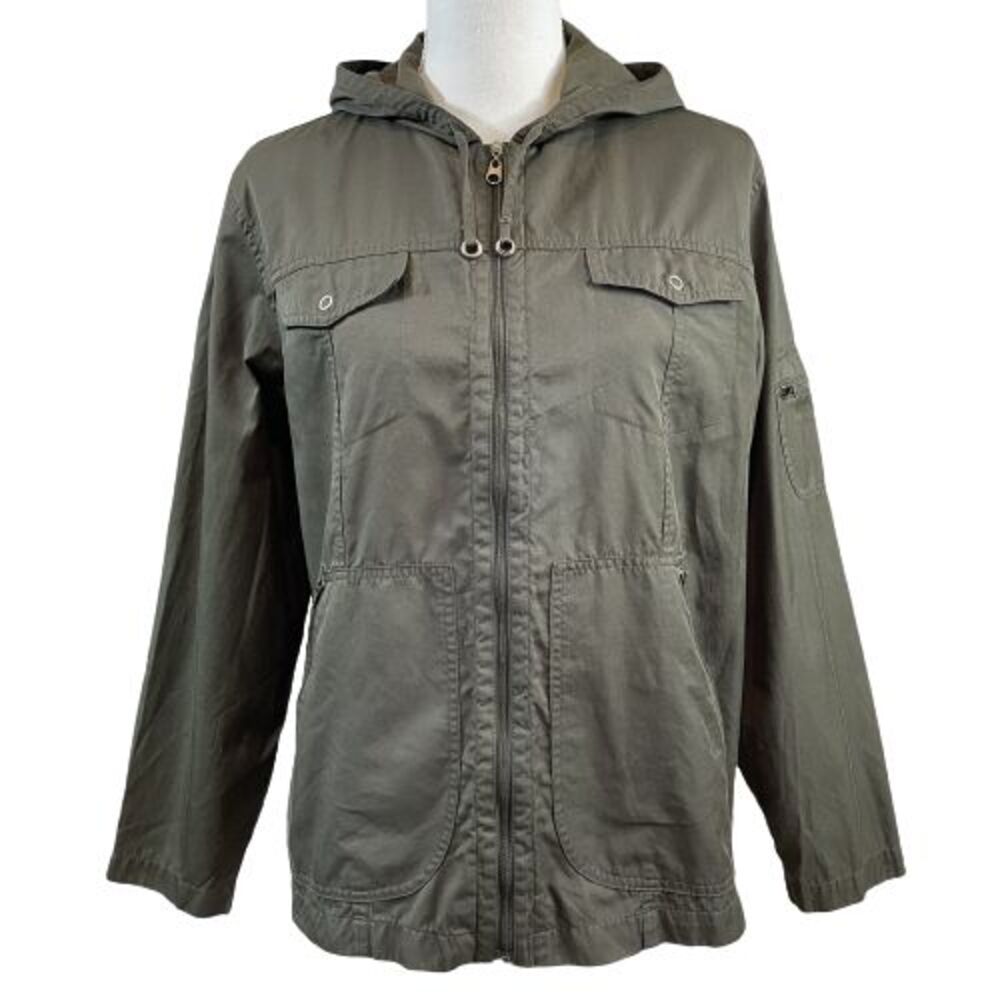 Chico's Women's Medium 1 Hooded Brown Jacket Lightweight Cotton Nylon Blend